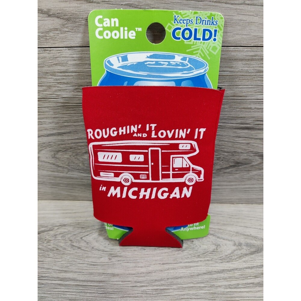 Roughin' It and Loving It-Michigan Can Koozie-Can Cooler-Drink Kooler